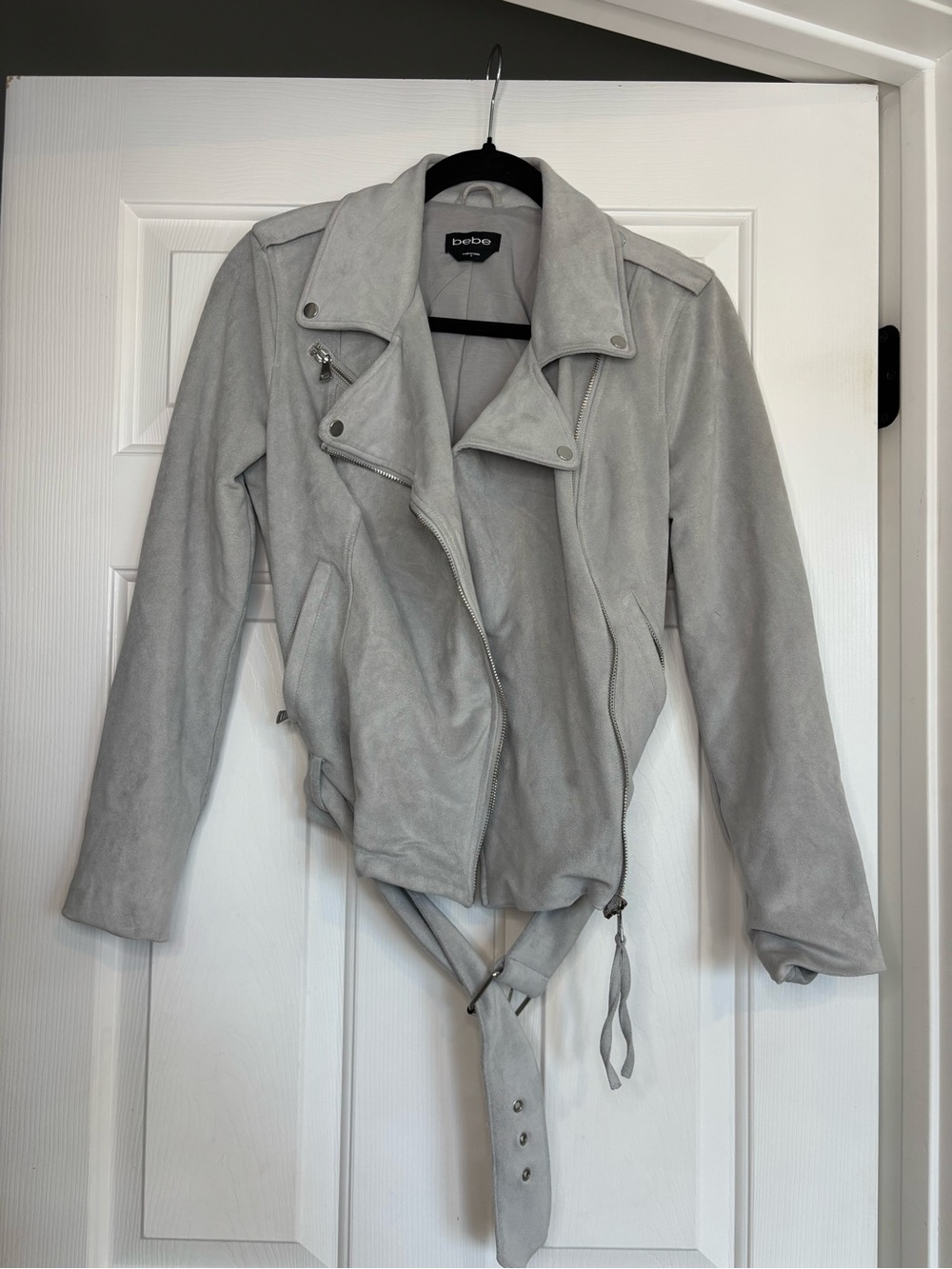 bebe Light Gray Suede Moto Jacket with Belt
